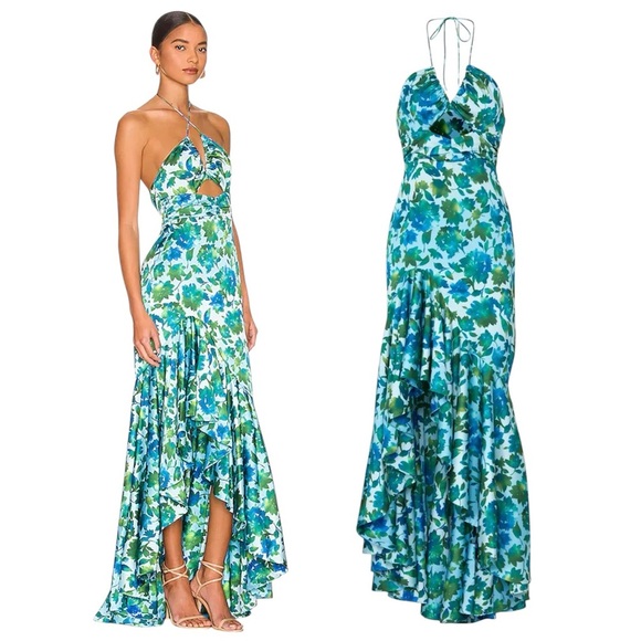 AMUR Dresses & Skirts - Amur $698 Edie Neck Tie Ruffle Blue Floral Maxi Dress